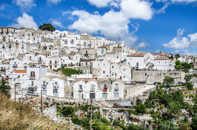 Buildings in town against sky