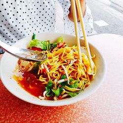 High angle view of salad in bowl on table