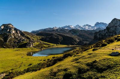 Scenic view of lake and mountains against clear sky