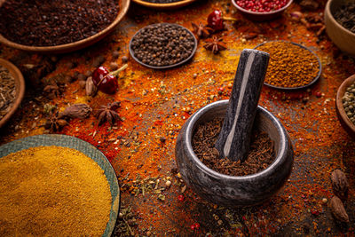 High angle view of spices in mortar
