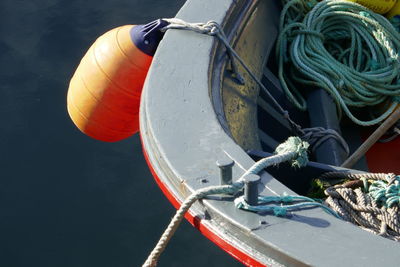 High angle view of rope tied on boat