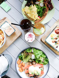 High angle view of breakfast served on table