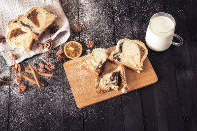 High angle view of breakfast on table