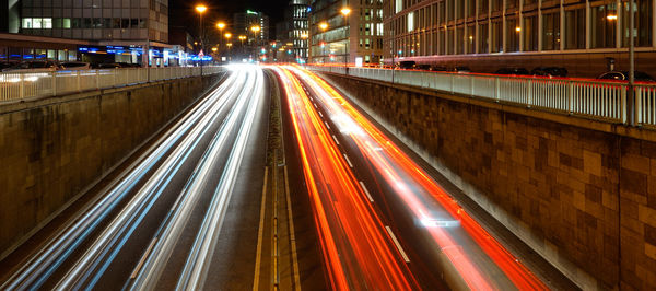 Light trails on road at night