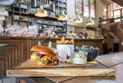 Burgers on table at cafe