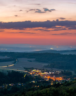 High angle view of landscape against sky during sunset