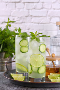 Cucumber gimlet with gin and honey, very good in combination with mint. this is a great  cocktail.