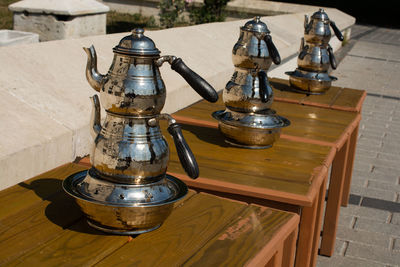 High angle view of old glasses on table