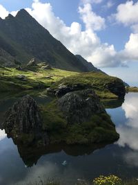 Scenic view of lake and mountains against sky