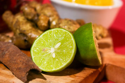 Close-up of green fruits on table