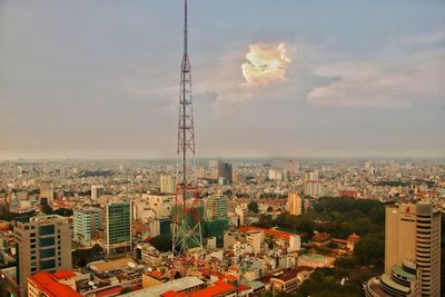 High angle view of buildings against sky