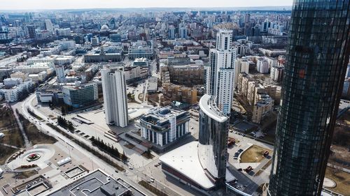 High angle view of modern buildings in city