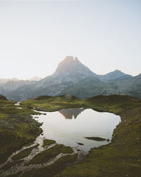 Scenic view of lake by mountains against sky