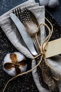 Close-up of antique cutlery with napkin in plate