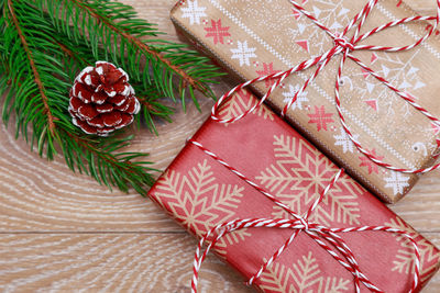 High angle view of christmas tree on table