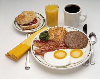 High angle view of breakfast served on table