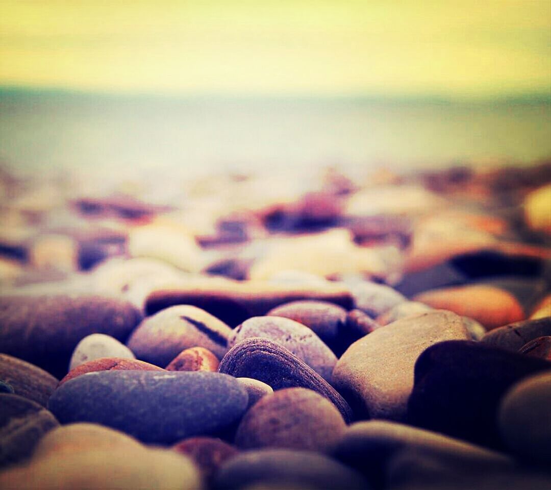 selective focus, beach, pebble, focus on foreground, sea, lifestyles, large group of objects, abundance, leisure activity, close-up, men, stone - object, surface level, shore, sky, focus on background, outdoors, person