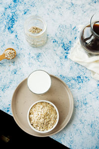 High angle view of breakfast on table