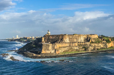 View of fort on beach against sky