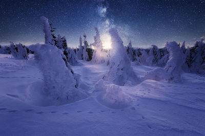 Scenic view of snow covered land against sky