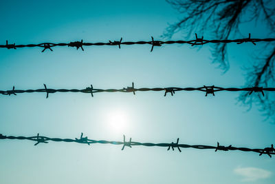 Low angle view of barbed wire against sky