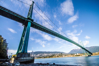 Lions gate bridge over river against sky