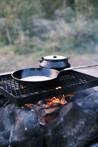 View of fire on barbecue grill