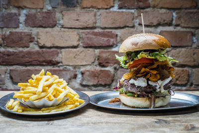 Close-up of burger on table