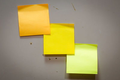 Close-up of yellow mailbox on wall