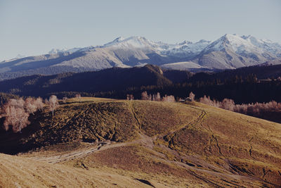 Scenic view of snowcapped mountains against sky