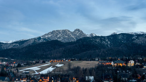 High angle view of townscape against sky. tatras mountain. view of giewont. dusk