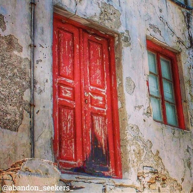 architecture, built structure, building exterior, door, red, old, house, closed, window, weathered, wall - building feature, abandoned, damaged, wall, entrance, residential structure, deterioration, day, run-down, no people