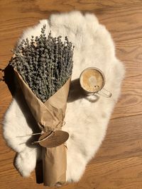 High angle view of cat on wooden table