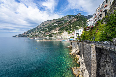 The famous coastal road of amalfi coast near amalfi town overlooking on the mediterranean sea, italy