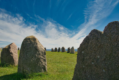 Panoramic shot of rocks on field against sky