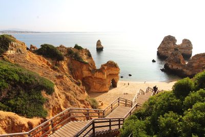 High angle view of rocks by sea against sky