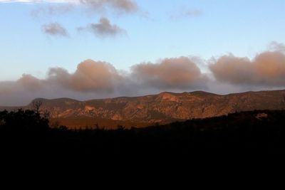 Scenic view of silhouette mountains against sky