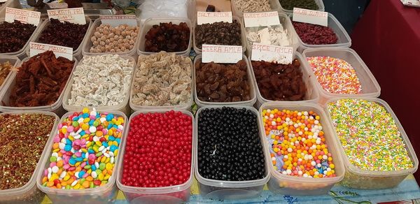 High angle view of candies for sale at market stall