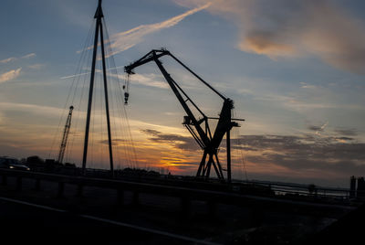 Silhouette of cranes at sunset