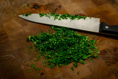 High angle view of chopped vegetables on table