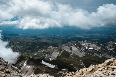 Aerial view of snowcapped mountains against sky