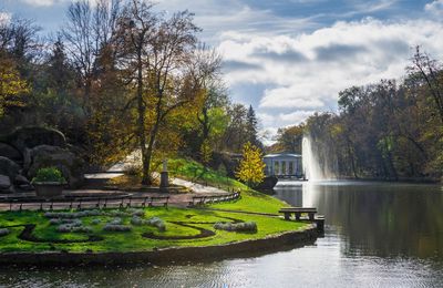  big pond ionian sea in the sofievsky arboretum or sofiyivsky park in uman, ukraine, on autumn day