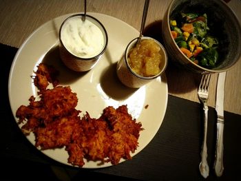 Close-up of served food on table