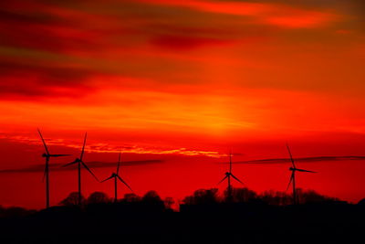 Silhouette of wind turbines at sunset