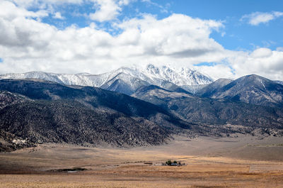 Scenic view of snowcapped mountains against sky