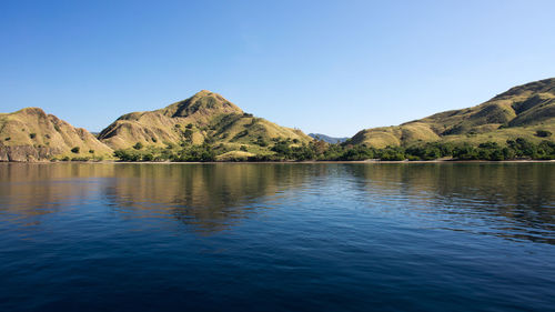 Scenic view of lake by mountains against clear blue sky