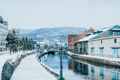 Canal amidst buildings against clear sky