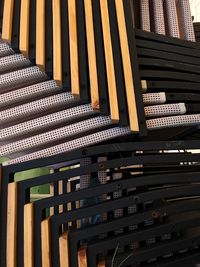 High angle view of chairs stacked on top of each other
