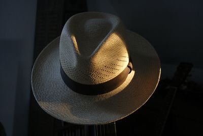 High angle view of hat on bed