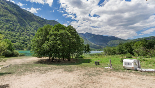 Trees on field against mountains